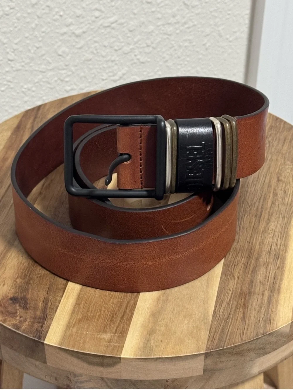 DIESEL Caramel Tan Cowhide Leather Belt TriTone Buckle US38 EU95